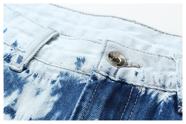 Positioning Tie Dye Pattern Denim Casual Shorts Straight Leg Pants Pants Women