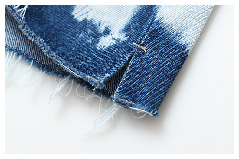 Positioning Tie Dye Pattern Denim Casual Shorts Straight Leg Pants Pants Women