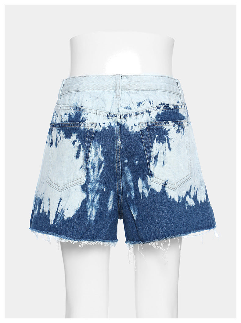 Positioning Tie Dye Pattern Denim Casual Shorts Straight Leg Pants Pants Women