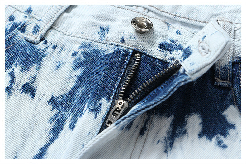 Positioning Tie Dye Pattern Denim Casual Shorts Straight Leg Pants Pants Women