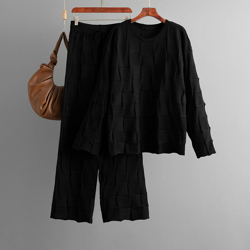 Square Plaid Knitting Women Autumn Winter Loose Fitting Oversized Sweater Casual Wide Leg Pants Two Piece Set