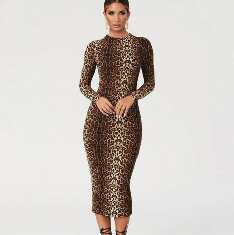 Autumn Winter Women Clothing Leopard Print Long Sleeve Sexy Slim Dress