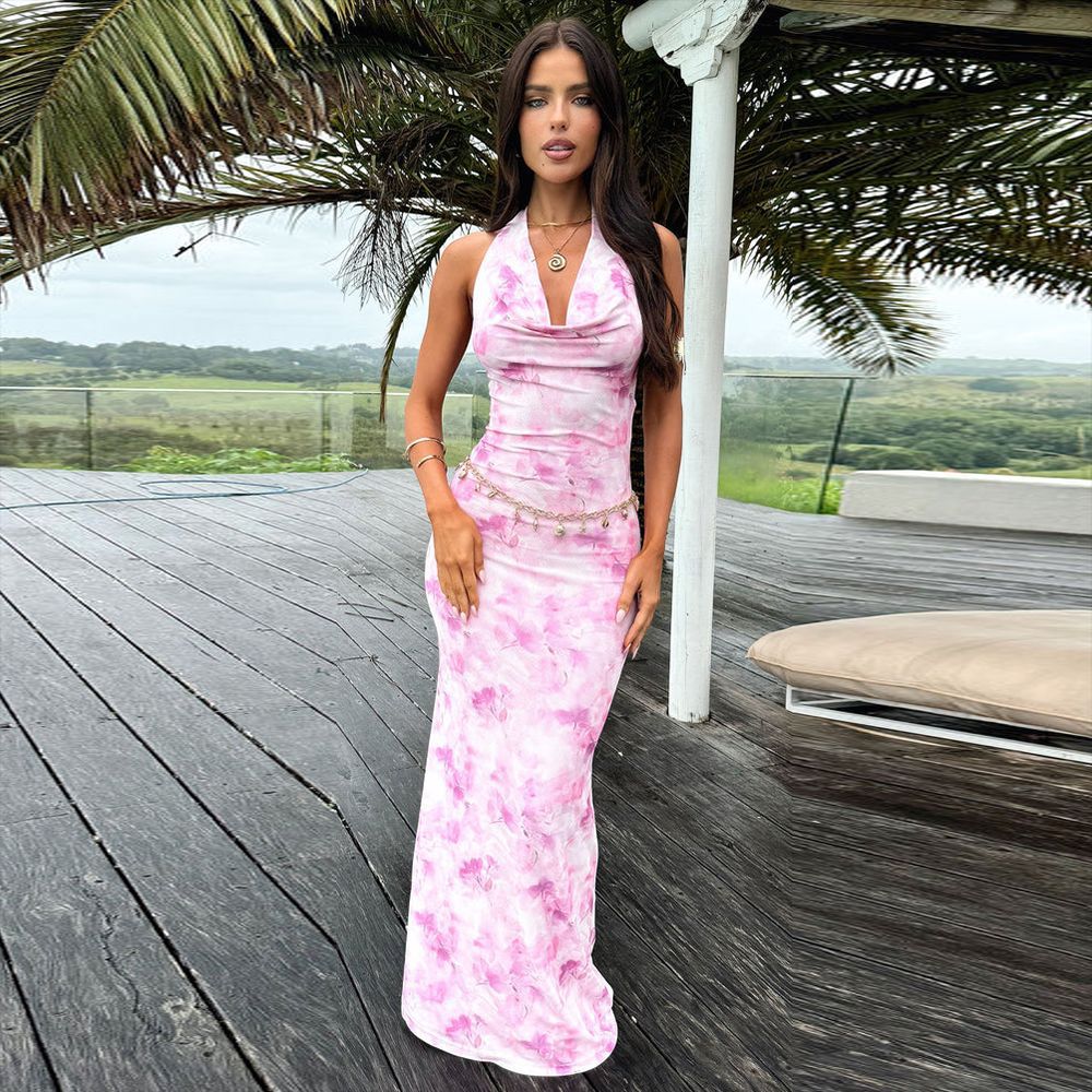 Women Neck Neck Women Clothing Swing Collar Printing Series Sexy Backless Skinny Dress