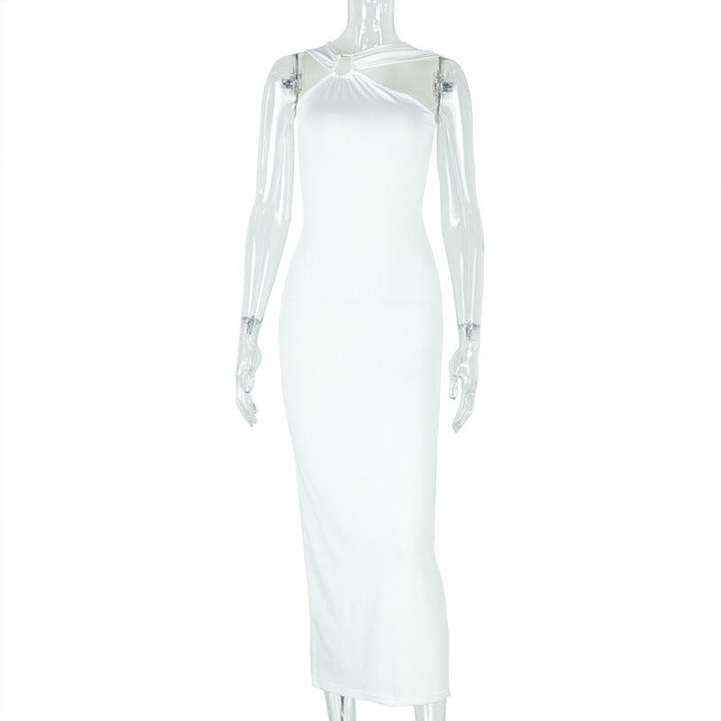 Elegant Solid Color Metal Pleated One Step Dress Sheath Halter Length Dress Fashionable Asymmetric Women Clothing