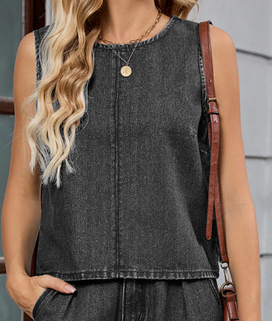 Women Clothing Autumn Washed Solid Color Denim Top Work Pant Sets