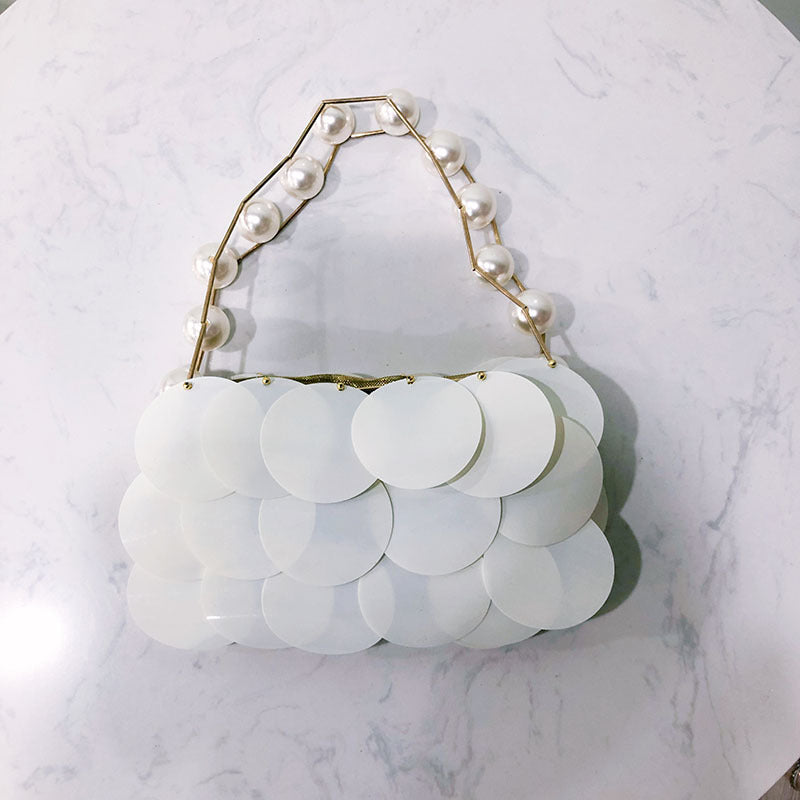 Casual Stringed Pearls Wafer Bag Platinum Sequined Handmade Beaded Handbag Women