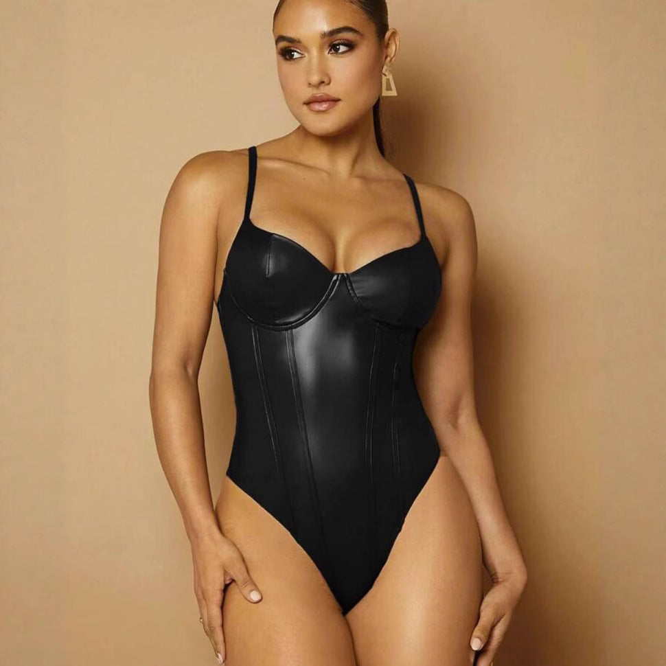 Slimming Clothes Sexy Sling Waist Slimming Solid Color Faux Leather Jumpsuit Fitness Exercise