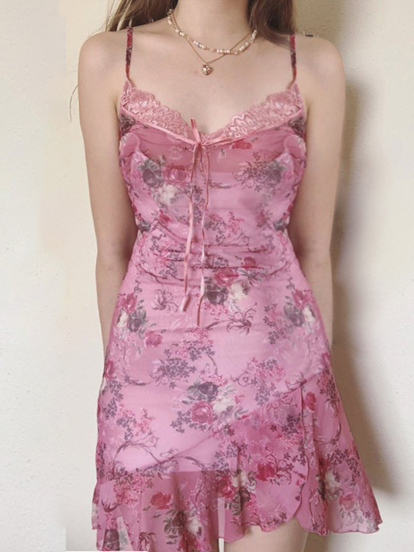 Sexy Sexy Mesh Lace Patchwork Retro Printed V neck Sling Dress Sexy Irregular Asymmetric Dress