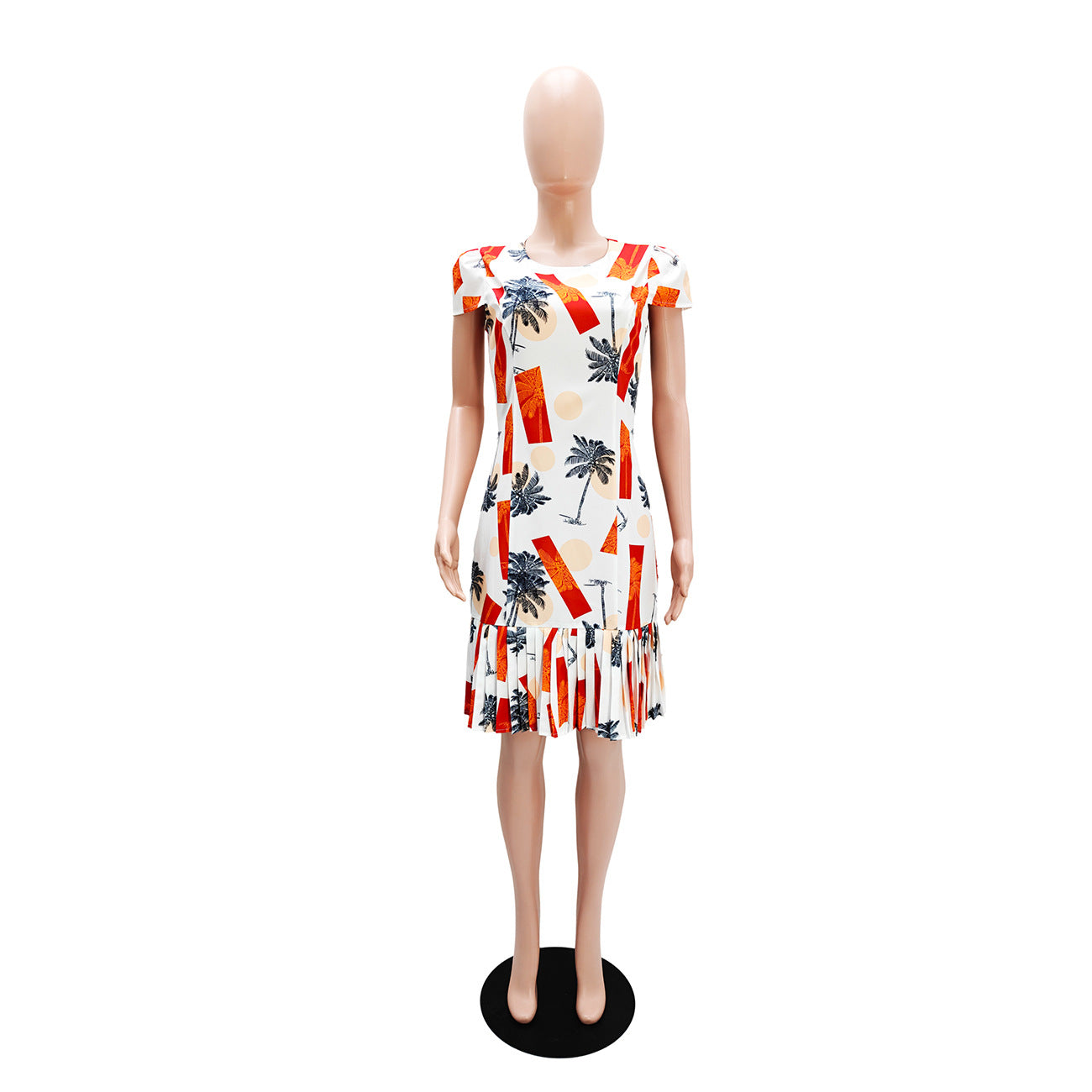 Women Printed Pleated Short Sleeve Slim Fit Dress