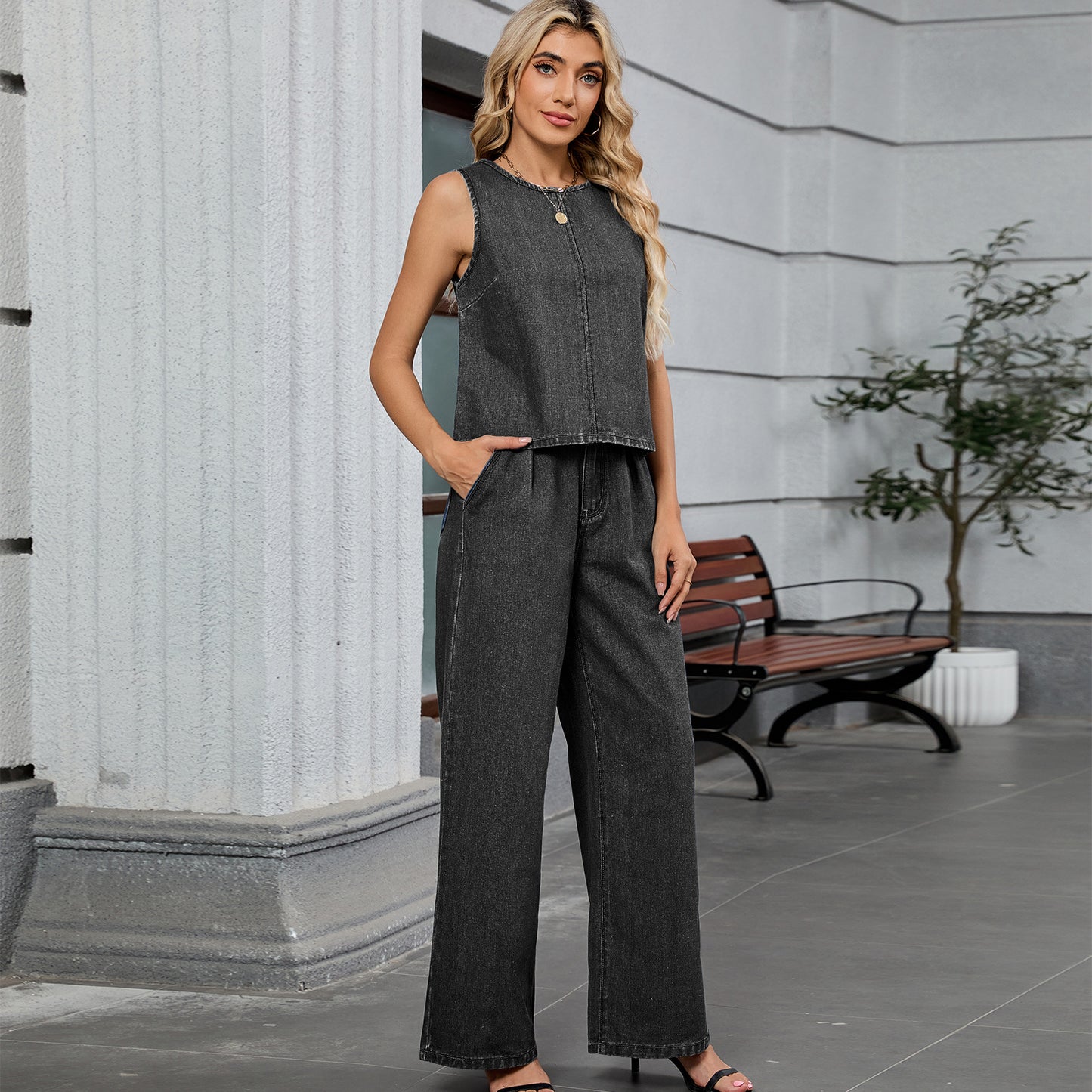 Women Clothing Autumn Washed Solid Color Denim Top Work Pant Sets