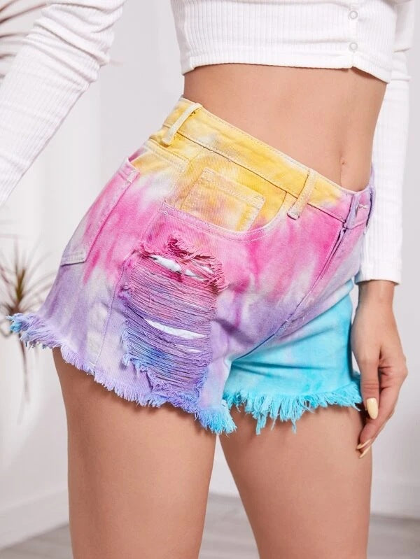Spring Summer Tie-Dyed Tassel Foot Mouth Loose Hole Women Denim Shorts
