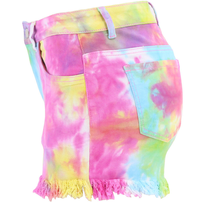 Spring Summer Tie-Dyed Tassel Foot Mouth Loose Hole Women Denim Shorts