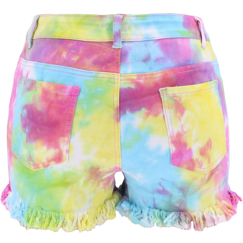 Spring Summer Tie-Dyed Tassel Foot Mouth Loose Hole Women Denim Shorts