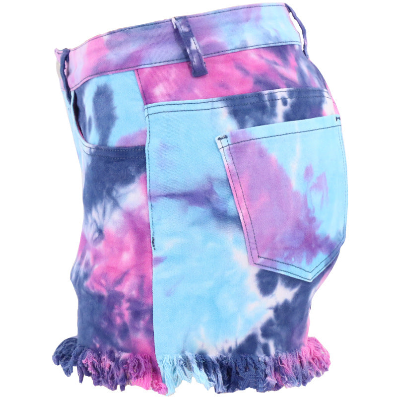 Spring Summer Tie-Dyed Tassel Foot Mouth Loose Hole Women Denim Shorts