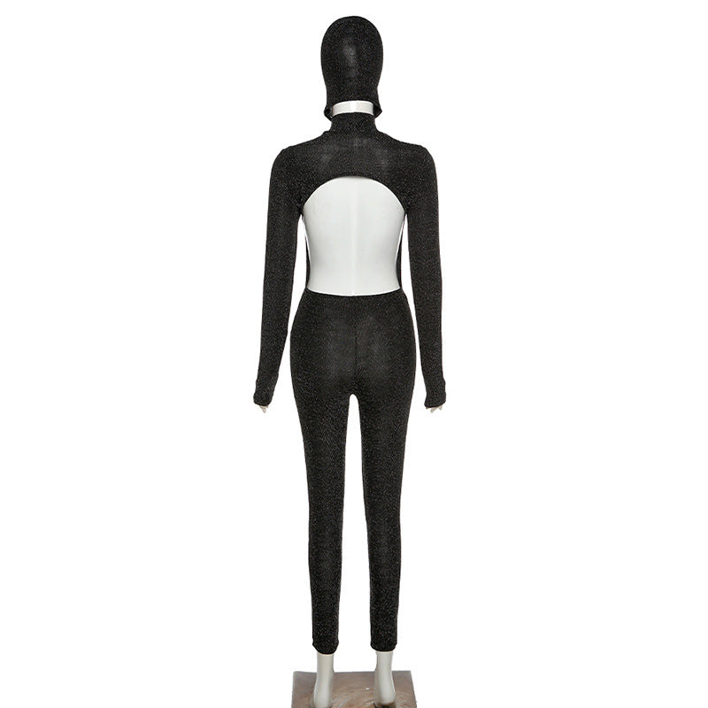 Spring Women Long Sleeve High Neck Sexy Backless Hip Raise Skinny Sports Jumpsuit