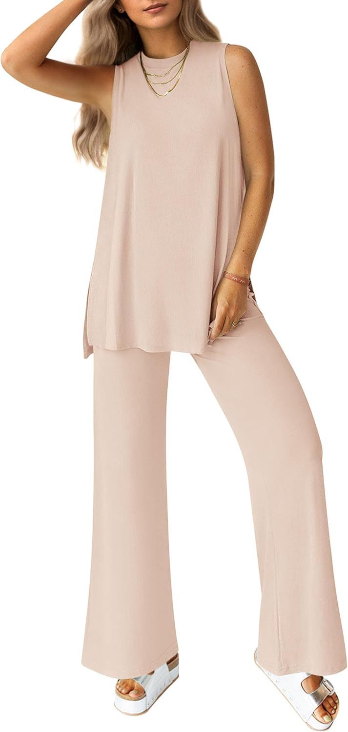 Two Piece Set Casual Set Summer Casual Loose Vest Wide Leg Pants Matching Travel Set Sportswear