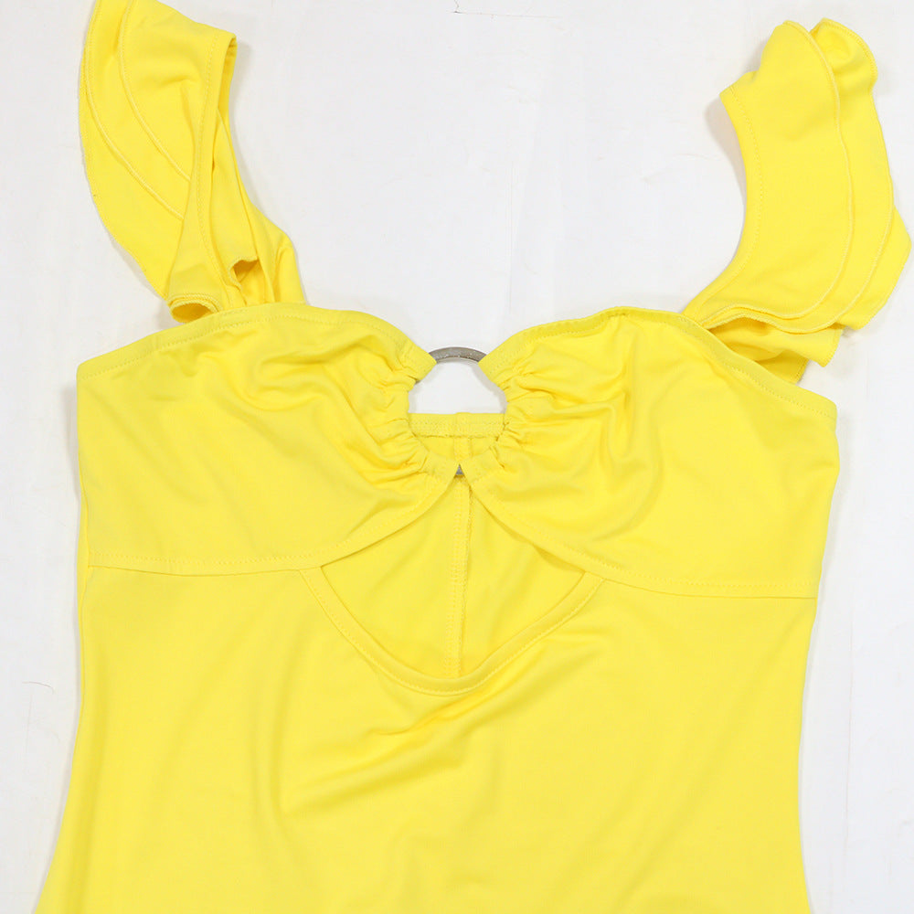 Model Sexy Women Wear Hollow Out Cutout out Camisole Dress Solid Color Slit Dress