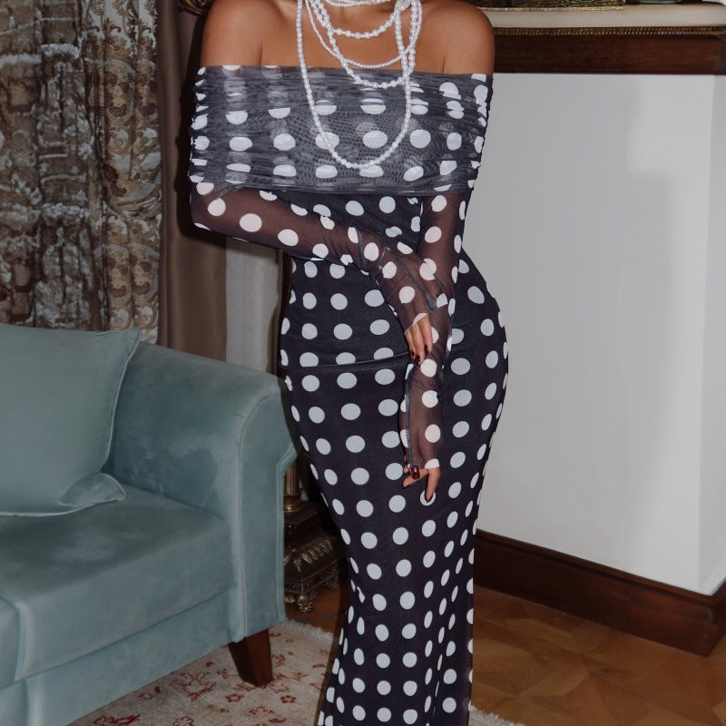 Women Clothing Autumn Winter Sexy off Shoulder Long Sleeve Mesh Slim Polka Dot Print Dress