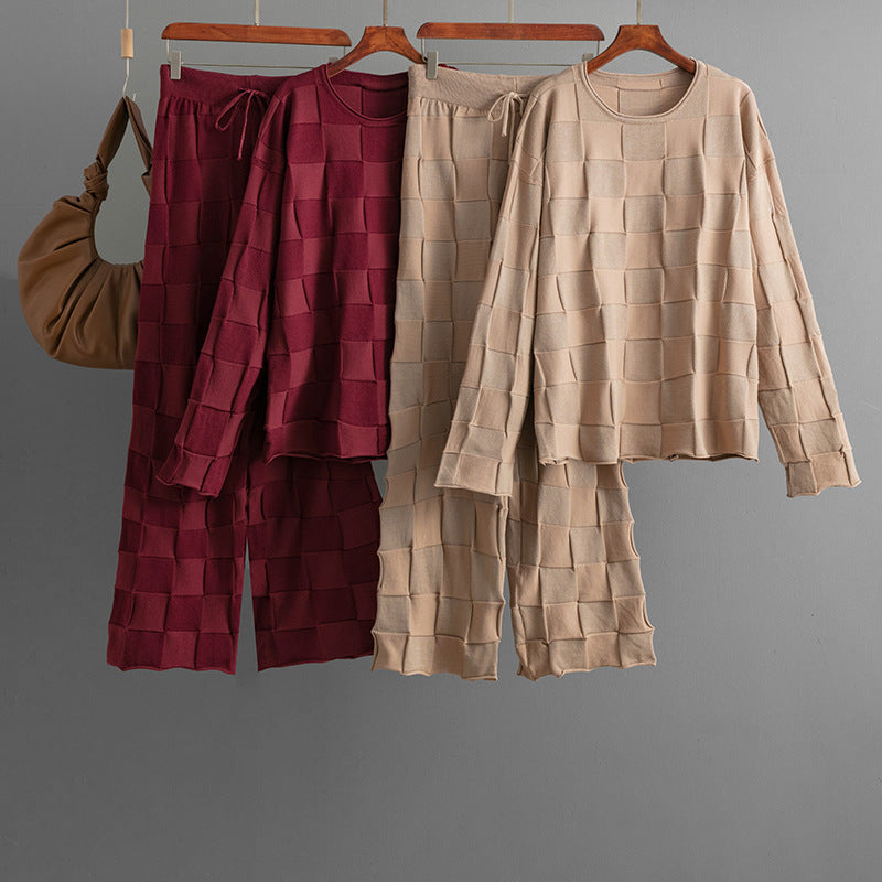 Square Plaid Knitting Women Autumn Winter Loose Fitting Oversized Sweater Casual Wide Leg Pants Two Piece Set