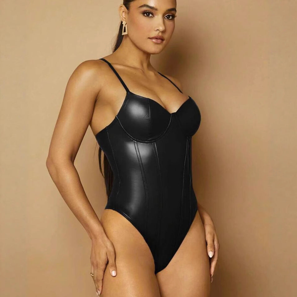 Slimming Clothes Sexy Sling Waist Slimming Solid Color Faux Leather Jumpsuit Fitness Exercise