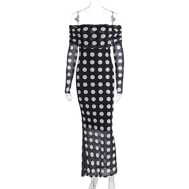 Women Clothing Autumn Winter Sexy off Shoulder Long Sleeve Mesh Slim Polka Dot Print Dress