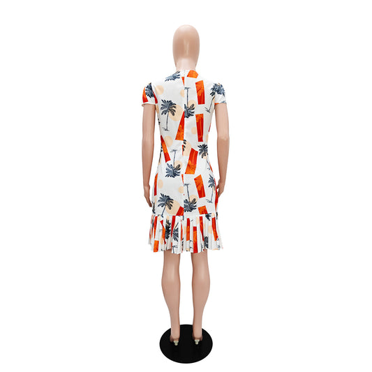 Women Printed Pleated Short Sleeve Slim Fit Dress