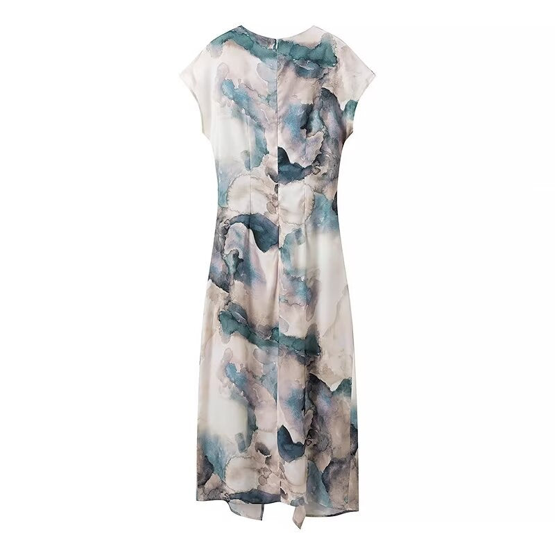 Women Wear Summer Round Neck Slim Fit Pleated Tie Dyed Satin Texture Dress