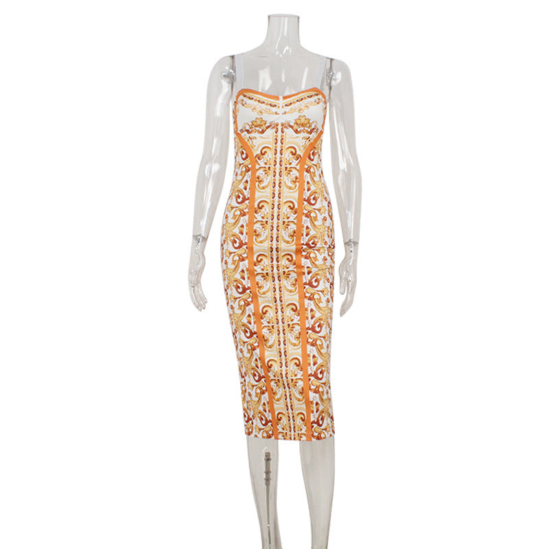 Women Wear Personality Printed V neck Slim Slimming Hip Dress Camisole Dress