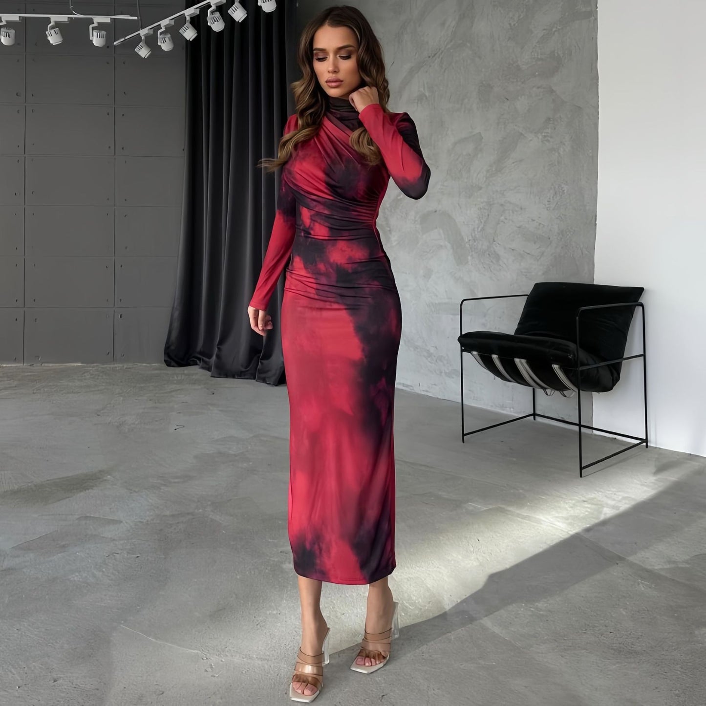 Autumn Winter Women Sexy Sheath Tie Dyed Printed Round Neck Pullover Dress