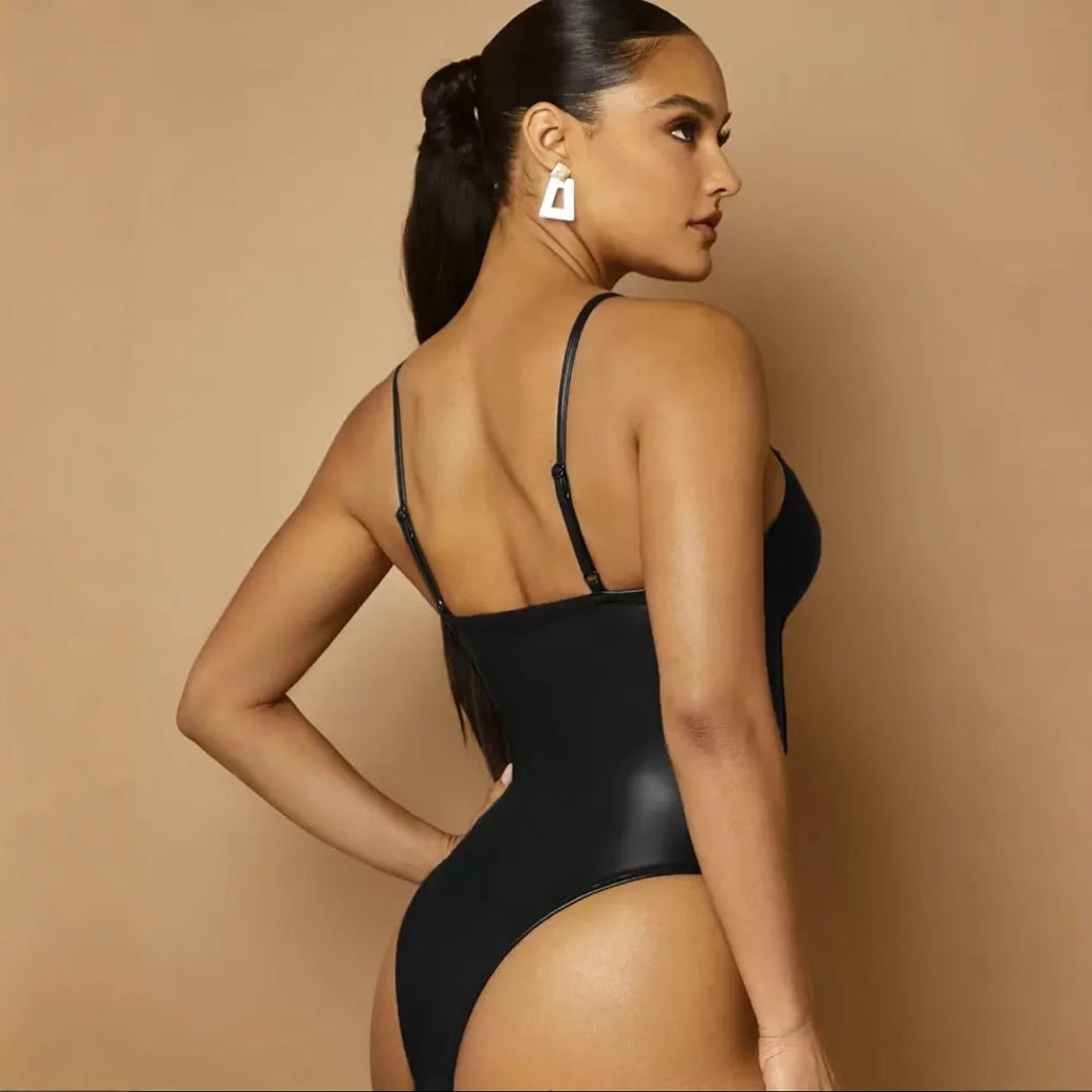 Slimming Clothes Sexy Sling Waist Slimming Solid Color Faux Leather Jumpsuit Fitness Exercise