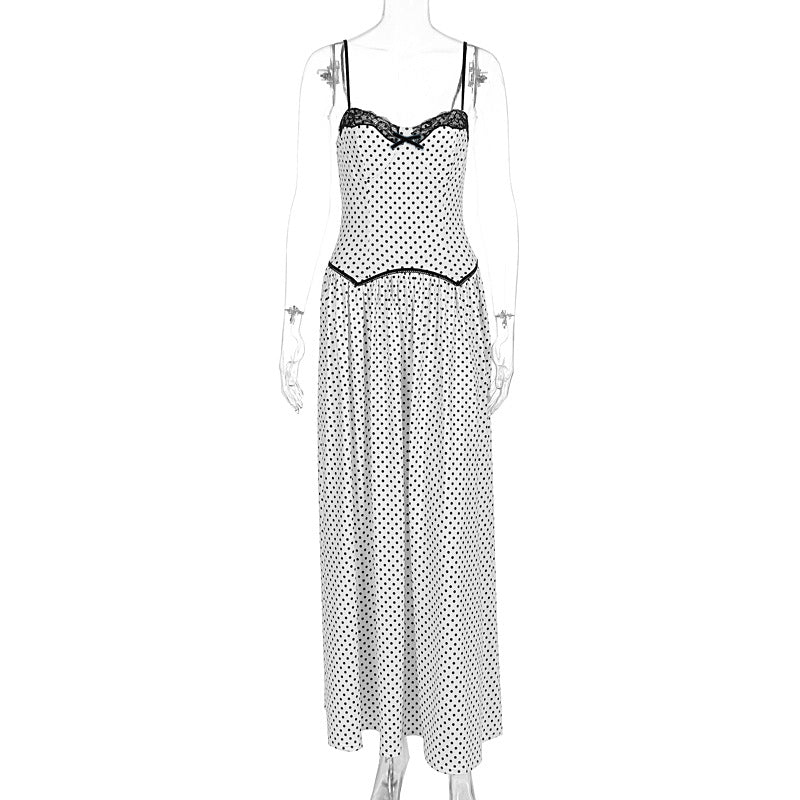 Summer Sweet Skinny Slimming Backless Braces in White Polka Dot Dress Women Clothing