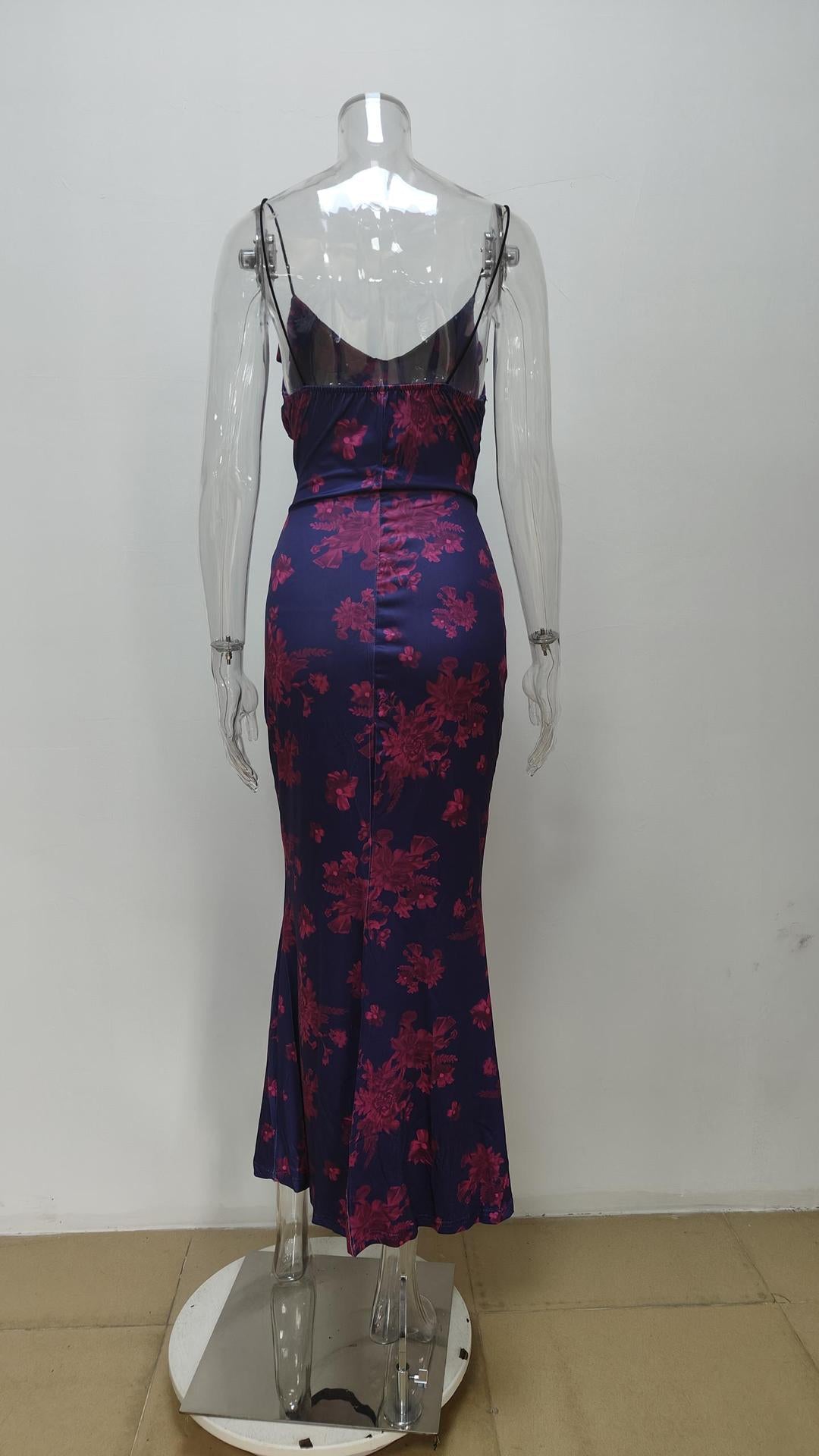 Women Clothing Strap Dress Floral Slim Fitting Sheath Print Pockets Collar Sling Dress