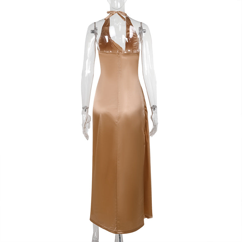 Autumn Maxi Dress Socialite Elegant Sexy Slim Fit Pleated Deep V Plunge Satin Dress