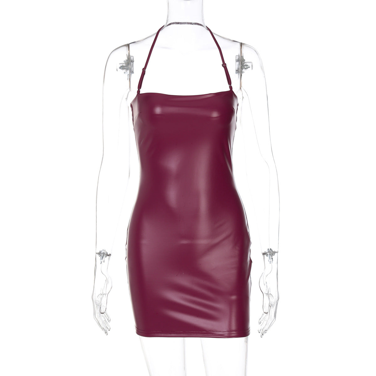 Women Clothing Spring Faux Leather Sexy Solid Color Tube Top Halter Sexy Tight Hip