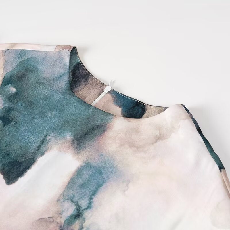 Women Wear Summer Round Neck Slim Fit Pleated Tie Dyed Satin Texture Dress