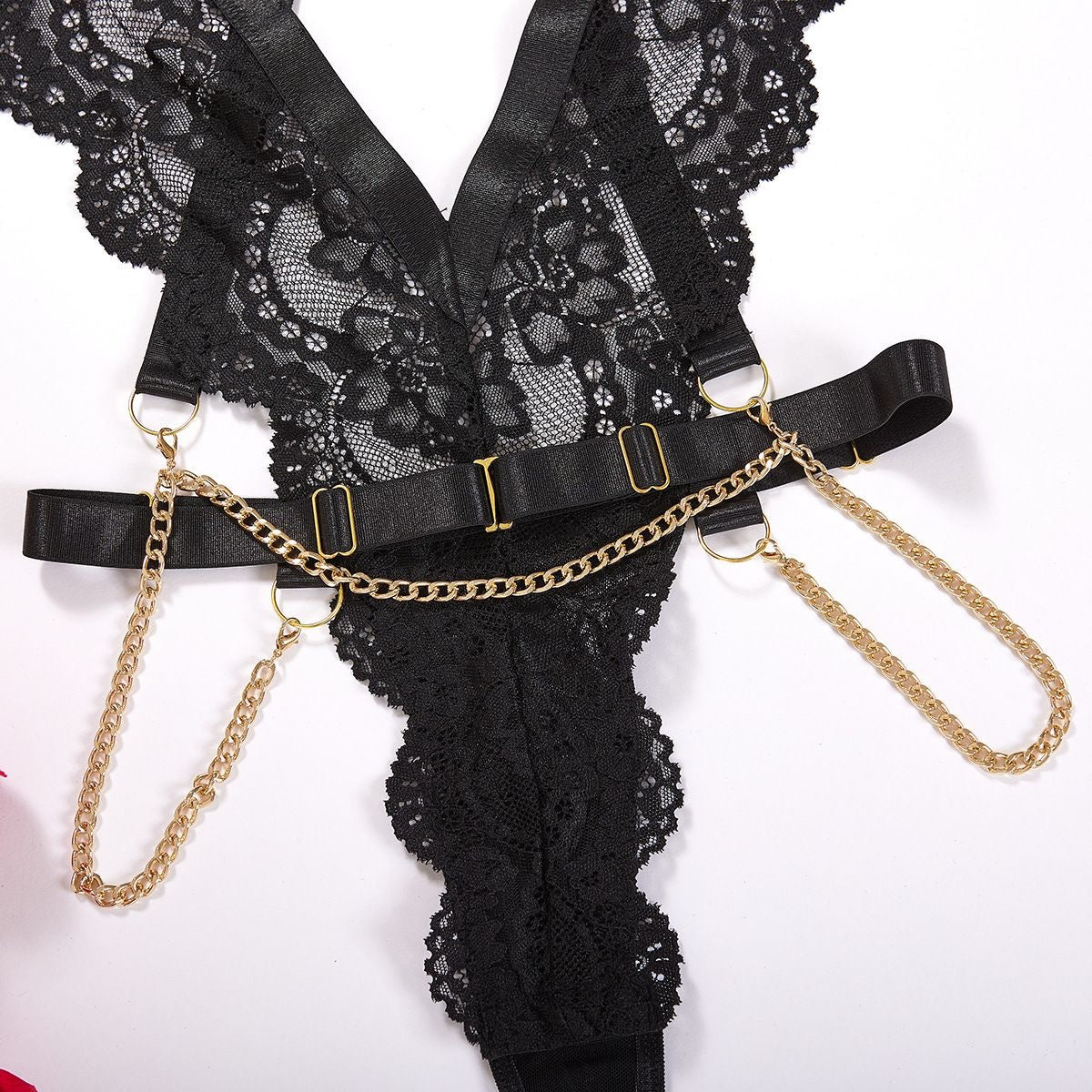Sexy Lingerie Black Lace See through Jumpsuit Chain Hollow Out Cutout out Push up Tight Sexy Suit