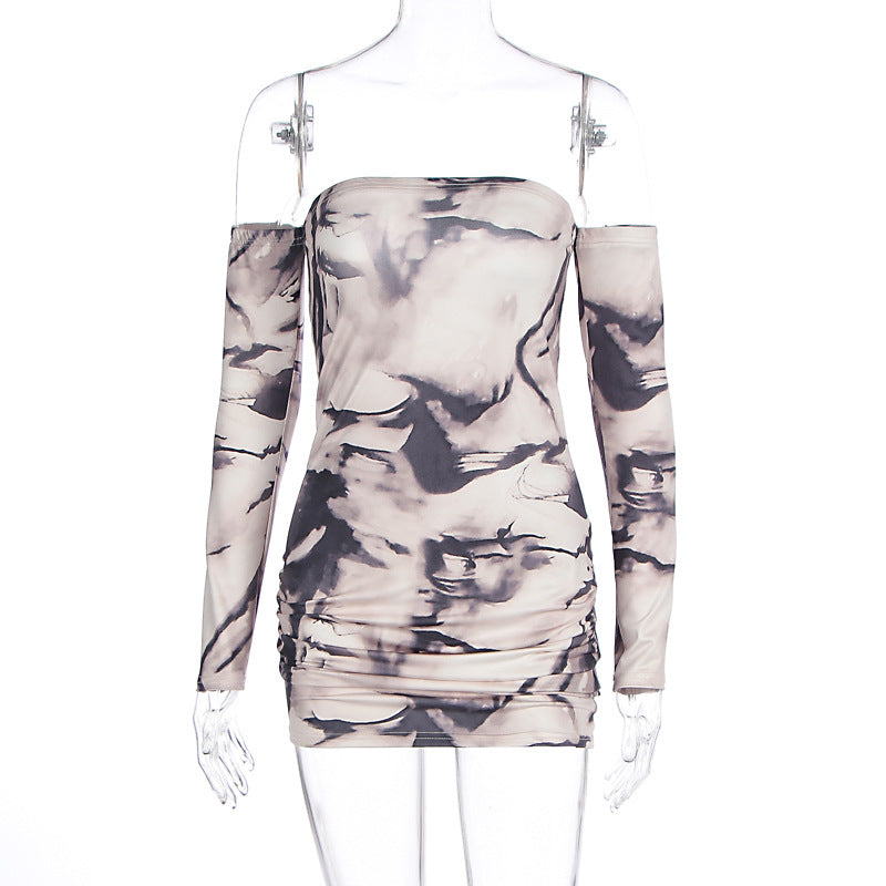 Autumn Winter Tube Top Sleeve off Shoulder Sexy Printed Short Dress Women Clothing