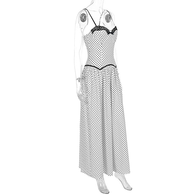 Summer Sweet Skinny Slimming Backless Braces in White Polka Dot Dress Women Clothing