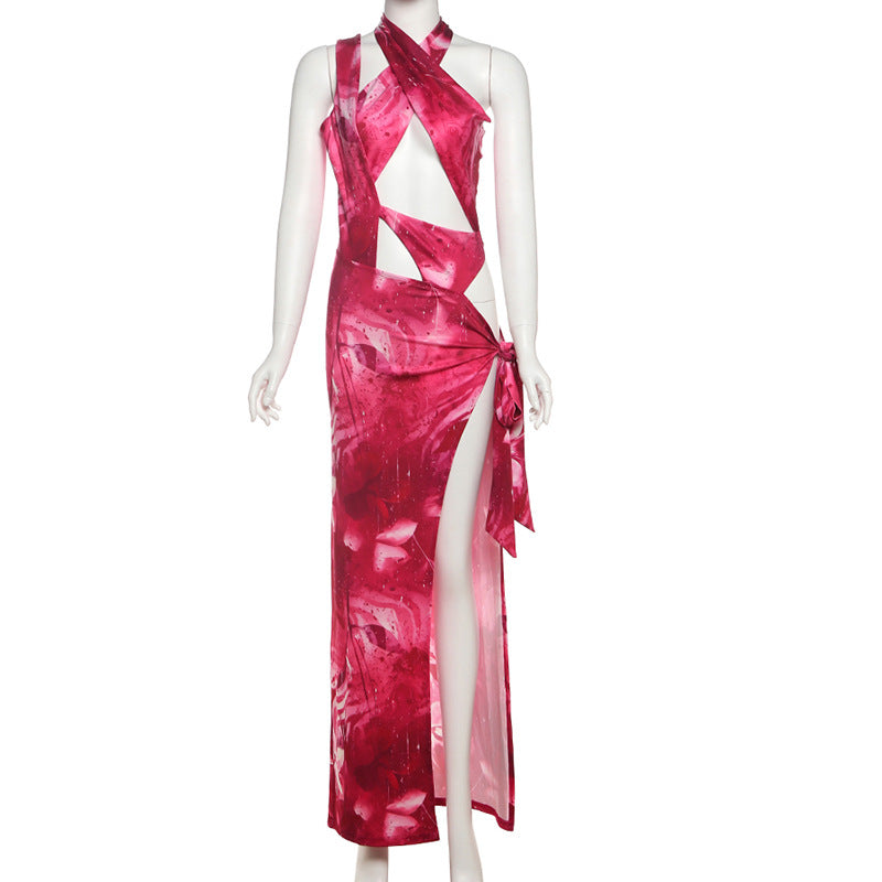 Summer Women Clothes Sexy Irregular Asymmetric Halter Contrast Color Strap Low Waist Split Dress