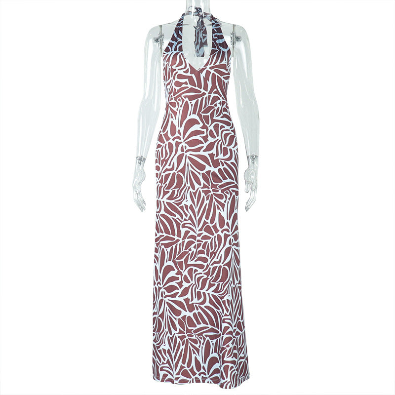 Women Clothing Comfortable Elegant Backless Abstract Printing Suspender Sleeveless U Neck Dress