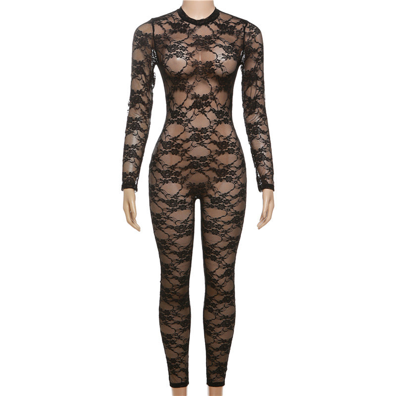 Women Clothing Spring Summer Street Sexy See through round Neck Long Sleeve Lace Tight One Piece Trousers
