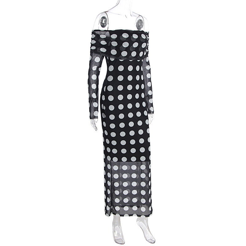 Women Clothing Autumn Winter Sexy off Shoulder Long Sleeve Mesh Slim Polka Dot Print Dress