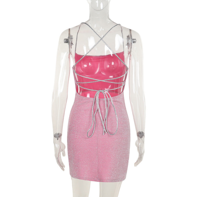 Autumn Socialite Elegant Sexy Shiny Backless Lace Up Mini Dress Women
