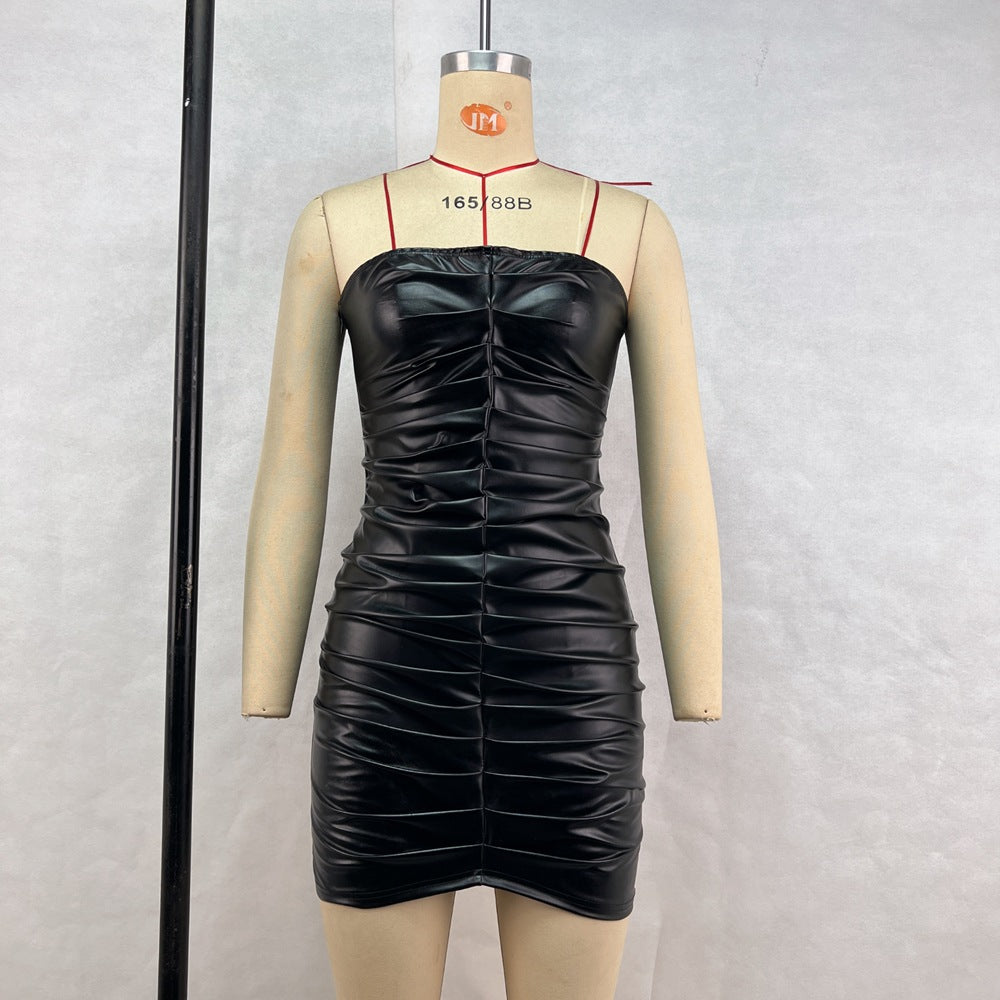 Women Clothing Autumn Winter Sexy Tube Top Cinched Waist Hip Faux Leather Pleated Dress