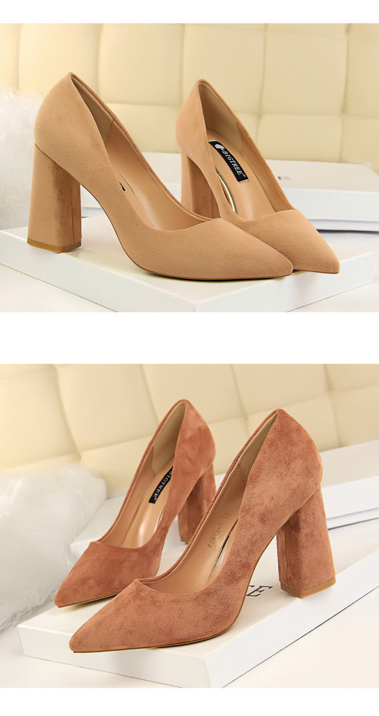 Simple Thick Heel High Heel Suede Shallow Mouth Pointed Toe Business Office Skinny Women Shoes High Heels Pumps