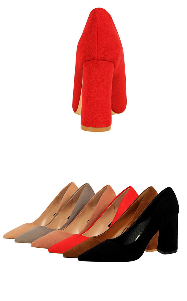 Simple Thick Heel High Heel Suede Shallow Mouth Pointed Toe Business Office Skinny Women Shoes High Heels Pumps