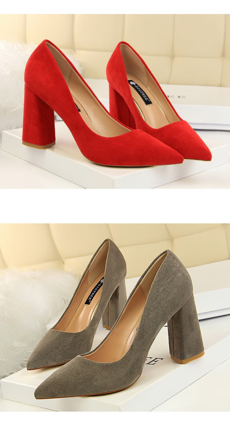 Simple Thick Heel High Heel Suede Shallow Mouth Pointed Toe Business Office Skinny Women Shoes High Heels Pumps