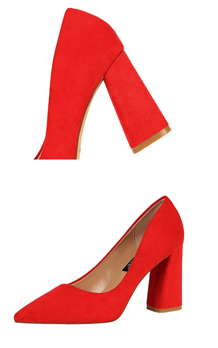 Simple Thick Heel High Heel Suede Shallow Mouth Pointed Toe Business Office Skinny Women Shoes High Heels Pumps