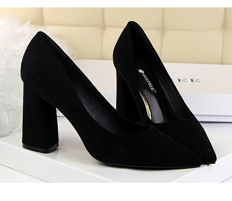 Simple Thick Heel High Heel Suede Shallow Mouth Pointed Toe Business Office Skinny Women Shoes High Heels Pumps