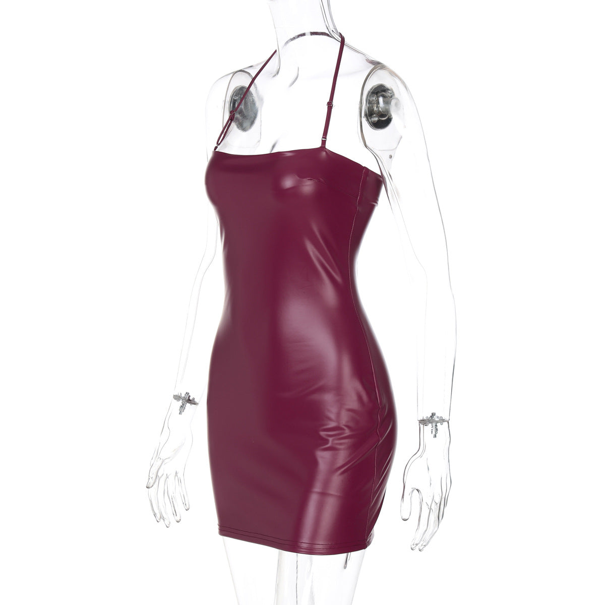 Women Clothing Spring Faux Leather Sexy Solid Color Tube Top Halter Sexy Tight Hip